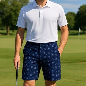 Maelreg Proflex Golf Shorts Blue Palm Tree Print Size 34‎
